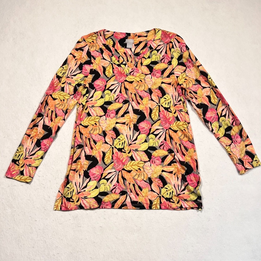 Chico's Blouse Top Shirt Floral 100% Linen Knit Multicolor Bright Women's 1 US M